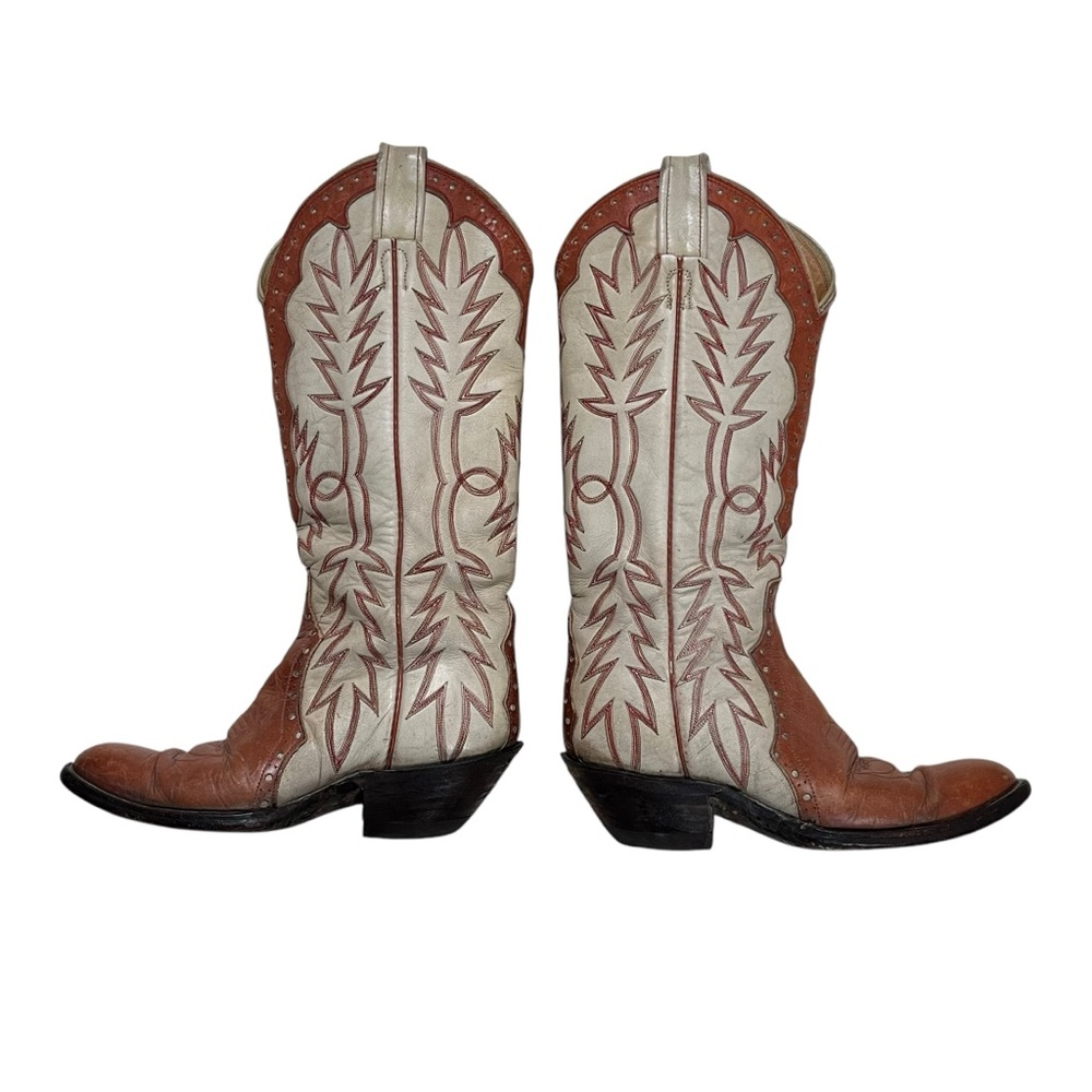 Vintage Laramie Brown & Cream Leather Stitch Western Cowboy Boots Size 6.5/7
